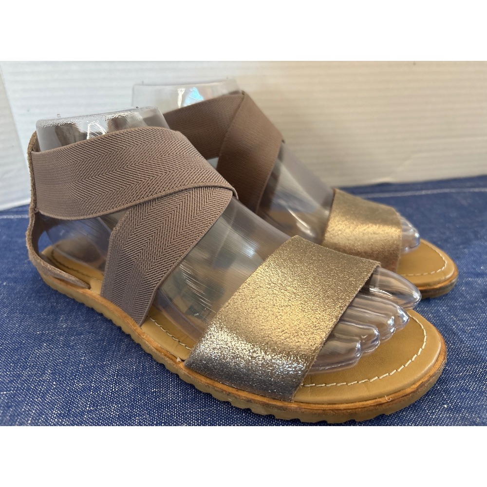 Sorel Ella Metallic Gold Taupe Elastic Strap Flat Sandal NL3536-240 Womens 6.5